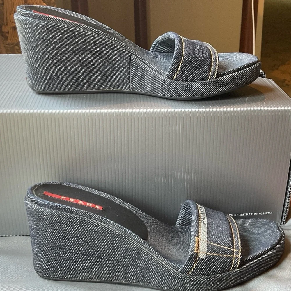 Prada Denim Wedge Slides, Size 36.5 - Picture 2 of 10